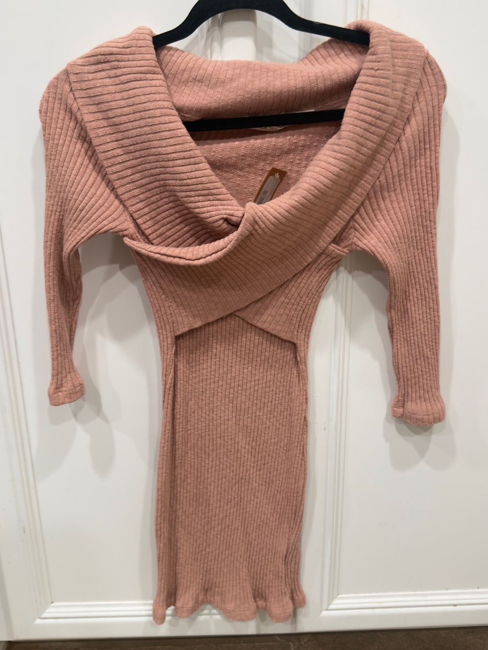 Ribbed Off-Shoulder Sweater Dress in Dusty Rose